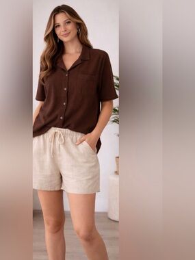 Aeropostale Chocolate Brown Waffle Knit Button Up Shirt M Classic 100% Cotton